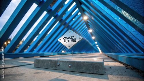 Modern Coastal Architecture with Blue Structure and Signage