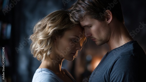 Soft light touches their foreheads, eyes closed