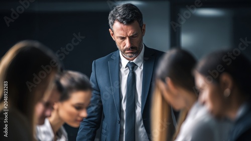 Man in suit stands sternly over group