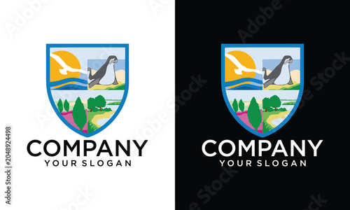 Coastal wildlife shield crest logo template featuring flying seagull, seal marine animal, ocean waves, sun, and green nature landscape for marine conservation, eco tour agency, coastal resort,