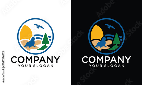 Minimalist coastal-themed seal and pine tree badge logo templates. Flat design vector art on white and black background