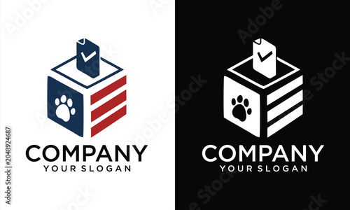 Linear pet vote logo set for nonprofit and corporate branding, blue and red on contrasting backgrounds. Dog paw and ballot symbol.