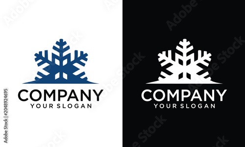 Linear snowflake logo templates for professional branding, dark blue and white on contrasting backgrounds.