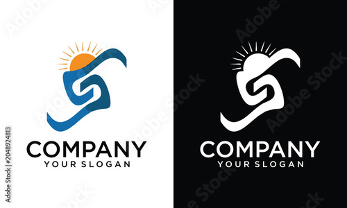 Linear initial 'S' logo templates for wellness and resort branding, blue and orange on contrasting backgrounds. Nature, ocean, sun symbol.
