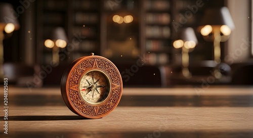 Antique Brass Compass Resting On A Polished Wooden Desk In A Cozy Library With Warm Lighting
