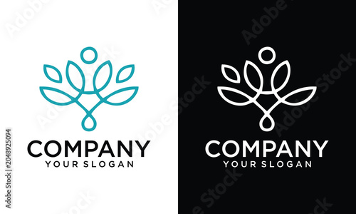 Modern wellness logo template with human and lotus flower symbol on light and dark background.