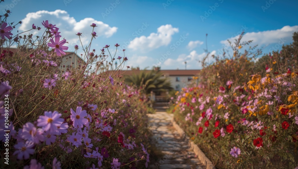 Obraz premium Nostalgic style garden featuring cosmos flowers in purple pink and red hues with blue sky backdrop