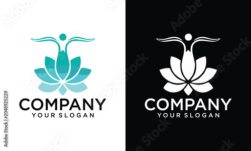 green human figure and lotus flower on white and black background. Minimalist branding template for yoga, spa, beauty, or meditation business.