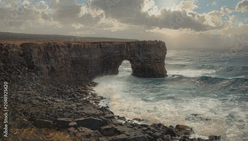 Painting of a rugged ocean ...