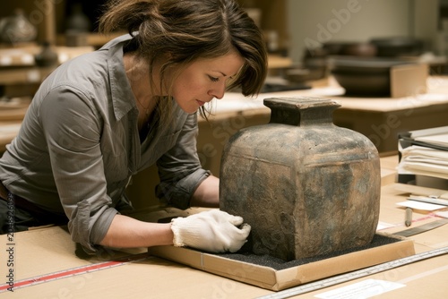 Museum registrar carefully measuring ceramic artifact with gloves in preservation workspace
