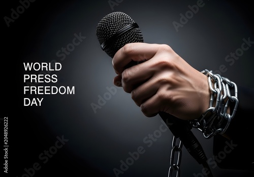 Hand holding a microphone with chains on the wrist