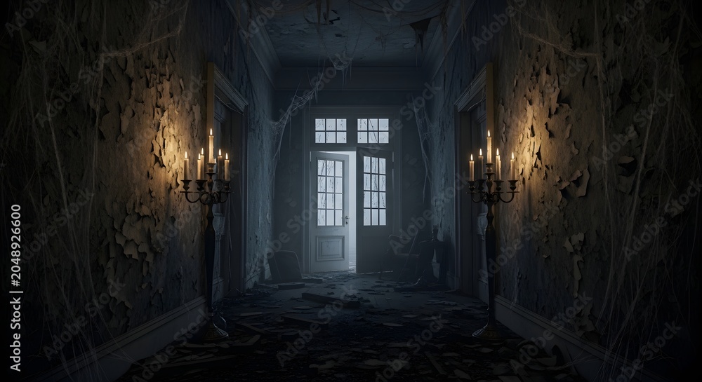 Obraz premium Haunted hallway in an abandoned mansion with cobwebs and lit candelabras