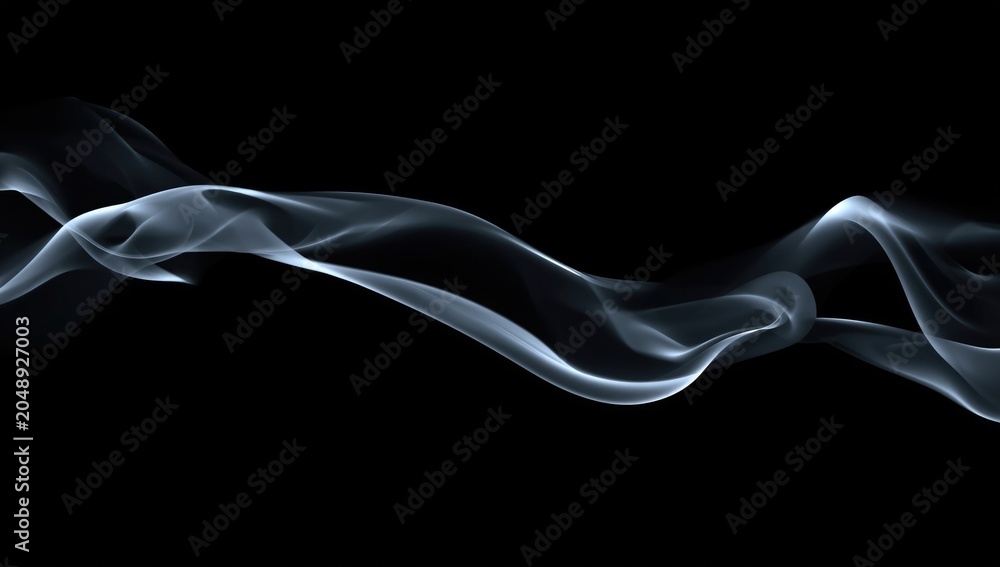 Fototapeta premium Whispy white smoke waves moving gracefully across a dark black background with text space included