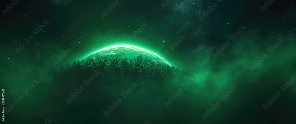 Obraz premium Green planet set against a mysterious dark green interstellar fog