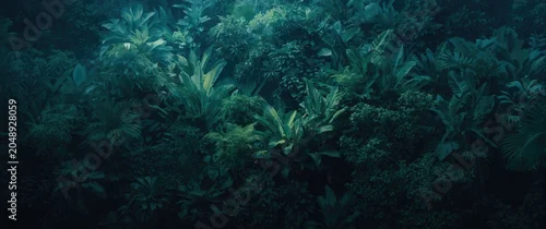 Panel kuchenny z motywem Textured dark blue cloud forest backdrop with dense layered tropical leaves