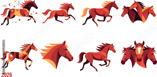 Foto Chinese Zodiac 2026 Year of the Horse Vector Icon Set Featuring Stylized Red Run
