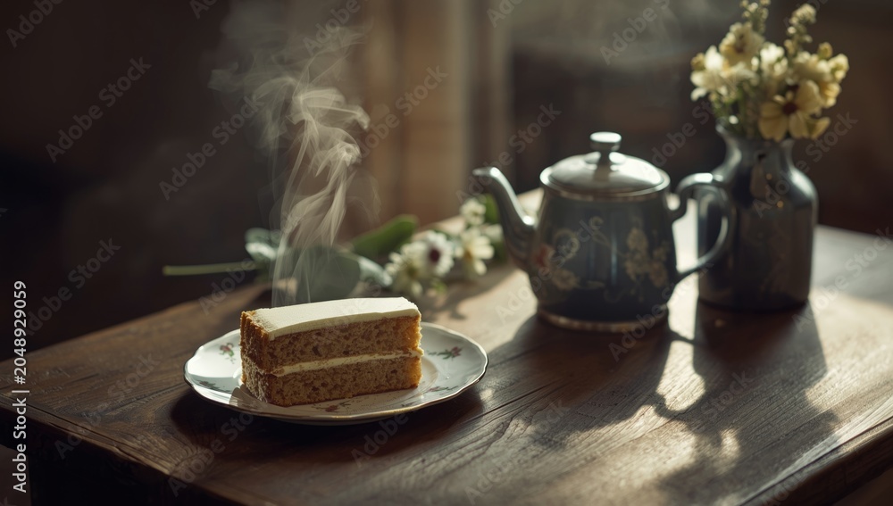 Fototapeta premium Rustic wooden table setup featuring steaming tea and a delicious cake in cozy light