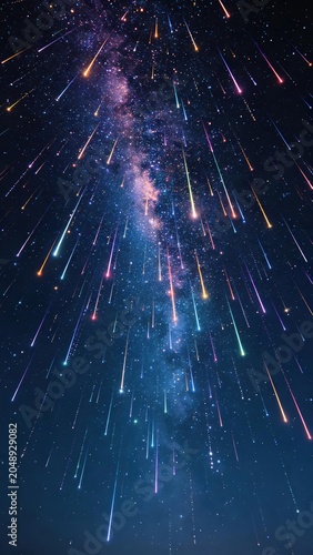 Colorful meteor shower in night sky