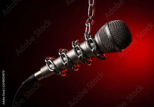 Microphone wrapped in metal chains against a red background