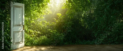 Panel kuchenny z motywem Still moment through an open white door unveiling a fresh green garden illuminated by soft rays