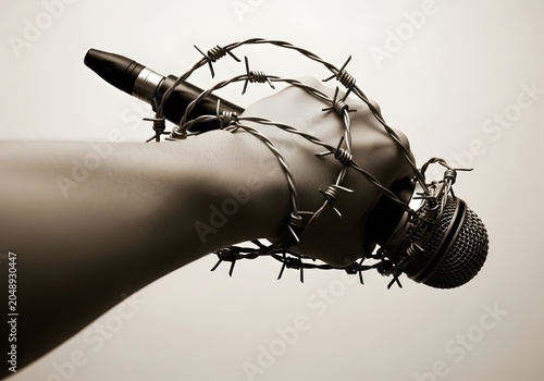 Hand holding a microphone wrapped in barbed wire