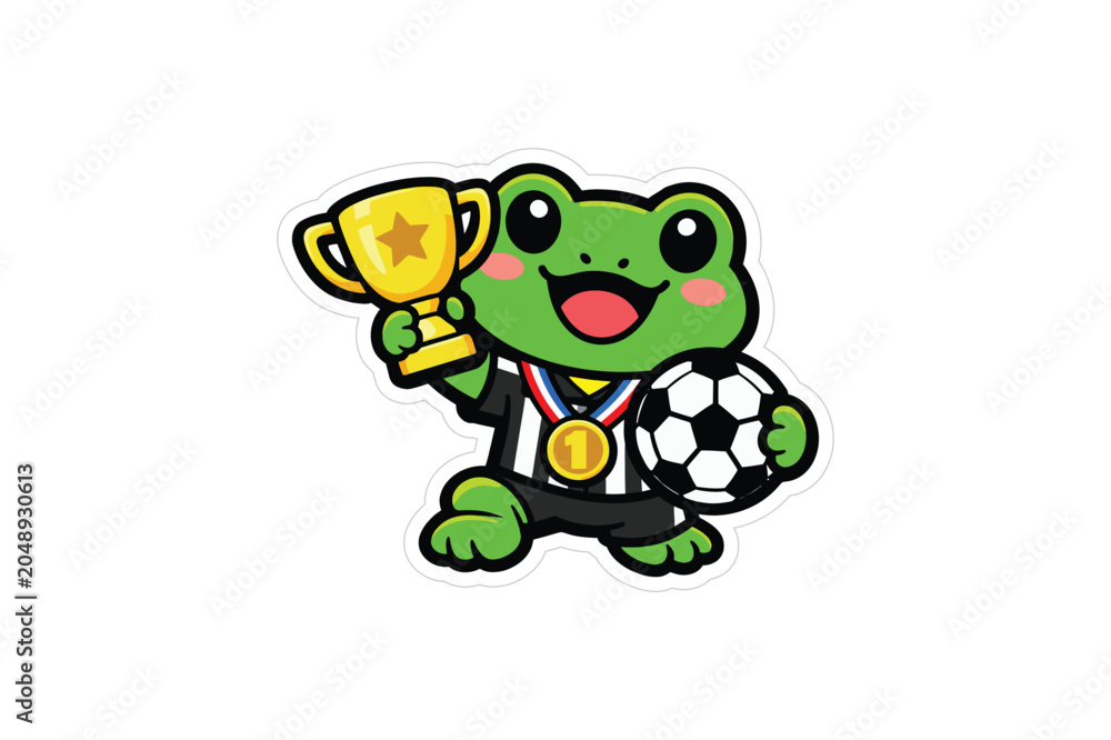 Obraz premium Funny Champion Football Frog Sticker, Cute Soccer Mascot Character Holding Trophy, Kawaii Sports Fan Cartoon Animal, T Shirt Graphic