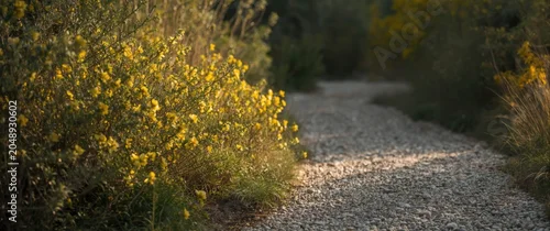 Panel kuchenny z motywem Wild Diervilla lonicera shrubs flowering near a gravel path in early summer