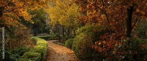 Panel kuchenny z motywem Lush garden trails surrounded by bright autumn leaves in warm seasonal colors