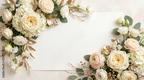 Elegant floral frame of white and cream roses with gold leaves and a blank white space for greeting text.