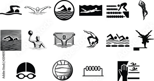 Quadro su tela Swimming and aquatic sports silhouettes featuring freestyle, butterfly, diving,