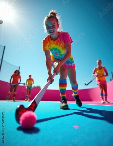 Young girl plays field hockey on sunny day. Kids in colorful clothes practice sport together. Active children train on blue field with bright pink fence.