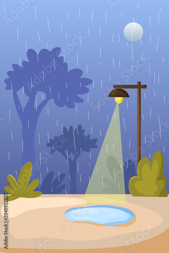 illustration of a rainy midnight scene, featuring bright streetlights casting a soft yellow glow, the dark silhouettes of trees, and the moon shining through the cloudy sky.