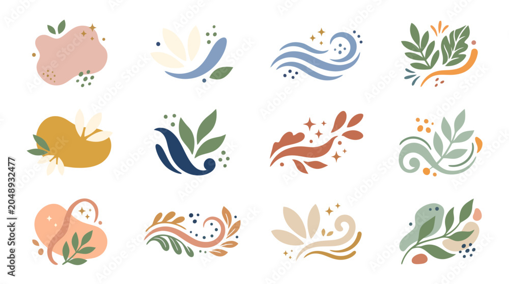 Obraz premium Collection of abstract, organic floral and wave inspired design elements in pastel colors