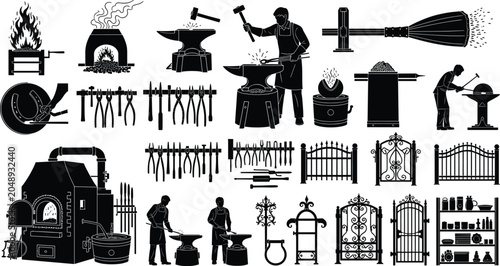 Quadro su tela Traditional blacksmith silhouettes with anvils, hammers, forges, tools, and deco