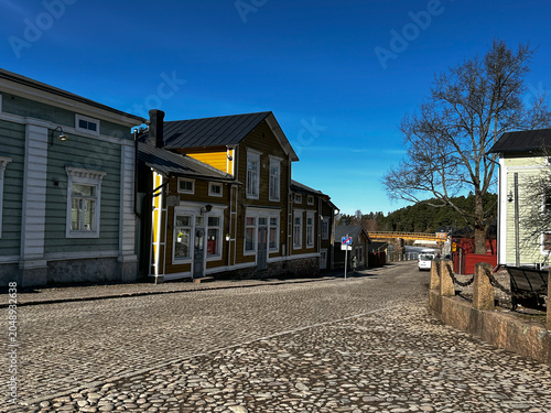 Traditional Old Wooden Finnish Houses on Medieval Street of Porvoo (Borgå) in Finland. 
