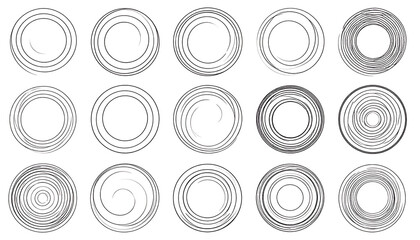 Set of fifteen circular geometric patterns and frames in black and white, abstract decorative elements