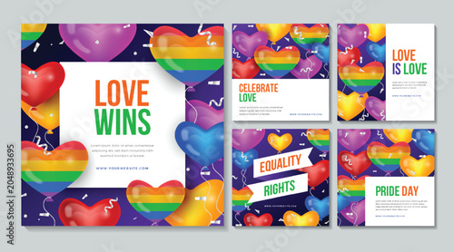 Bild auf Leinwand Pride month poster templates with rainbow gradient geometric stripes, abstract square backgrounds, floral circle pattern and rounded bar design vector set