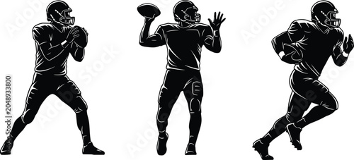 Silhouettes of American football players in dynamic action poses showcasing quarterback throwing motion, ball handling, running stride, and athletic sports concept illustration