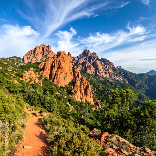 A serene mountain trail surrounded by lush greenery and vibrant red rock formations under a bright blue sky with wispy white clouds