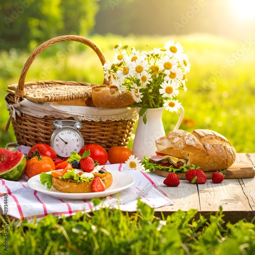 A serene outdoor setting with a picnic basket, fresh food, and flowers on a wooden table in a lush green field