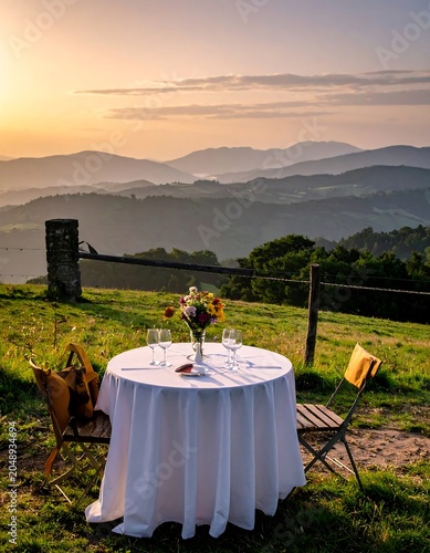 A serene outdoor setting with a round table, flowers, and wine glasses overlooking rolling hills at sunset
