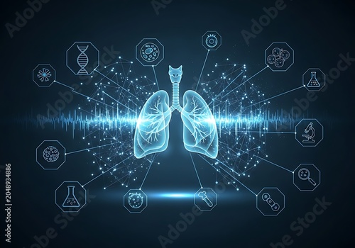 Digital illustration of human lungs with medical research icons