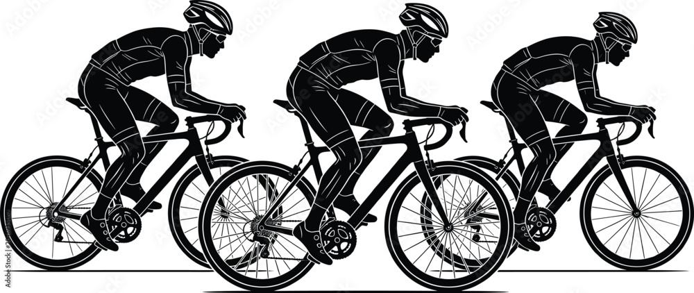 Obraz premium Silhouettes of Cyclists Racing Depicting Speed, Aerodynamics, Teamwork and Competitive Endurance in Road Cycling