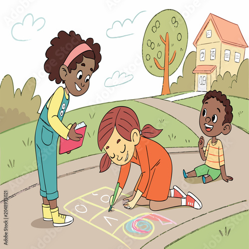 Group of children playing outside and drawing hopscotch with colorful sidewalk chalk on residential street children outdoors hopscotch