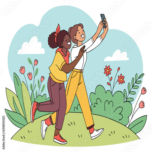 Happy friends taking a selfie together in a floral garden with smartphone together technology lifestyle capturing friendship laughter
