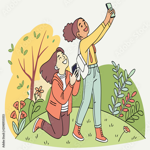 Two happy friends taking a selfie outdoors in a garden setting with smartphone technology laughter together lifestyle activity memories