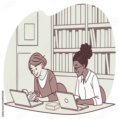 Two diverse female coworkers working on laptops in a library with office work office life coworkers collaboration bookshelf business