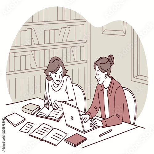 Two women collaborating on a project in a library study area with study group students studying collaboration education learning