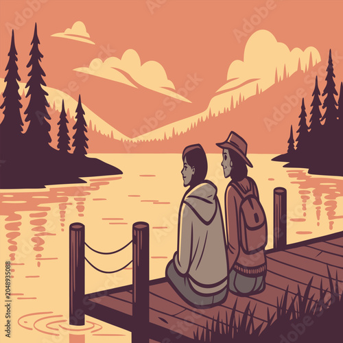 Friends sitting together on a wooden pier overlooking a mountain lake with mountain landscape relaxing companionship together vacation