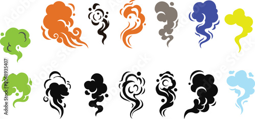 Foto Colorful smoke and steam plumes vector flat illustration cartoon icons set with